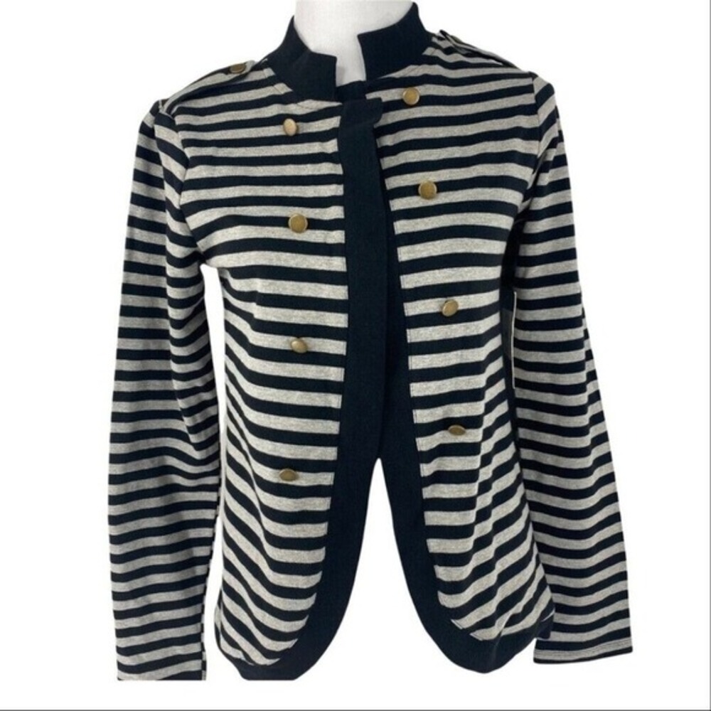 Central Park Active Women Military Striped Cardigan Black Gray Gold Button M NEW